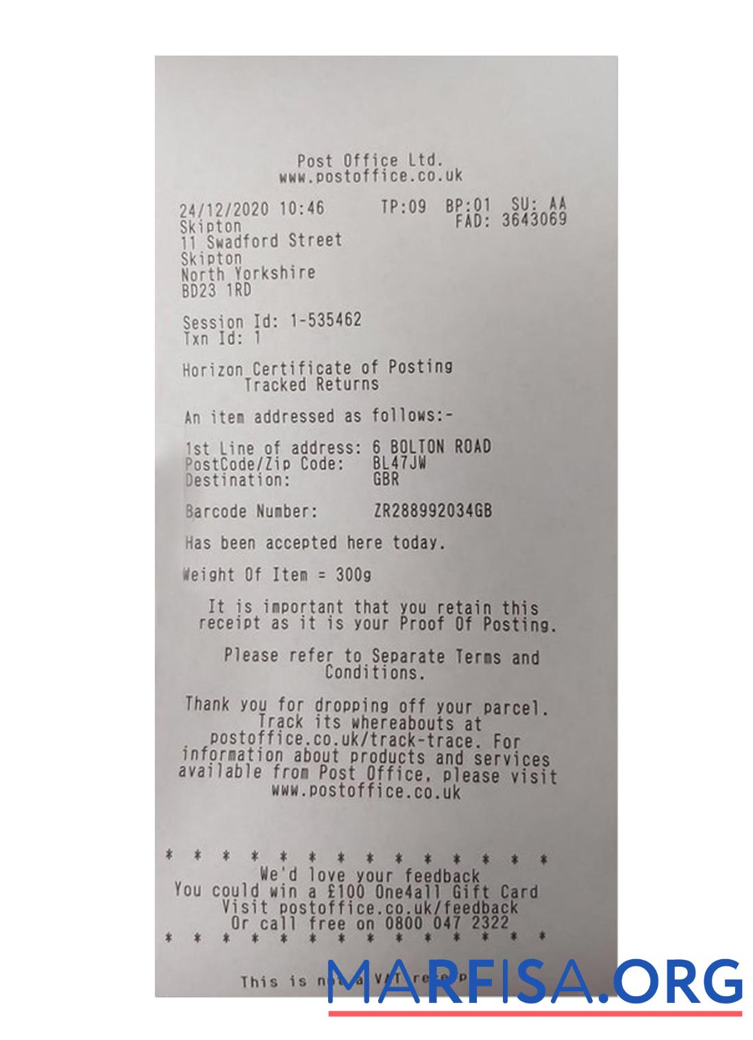 Printable POST OFFICE LTD payment receipt example